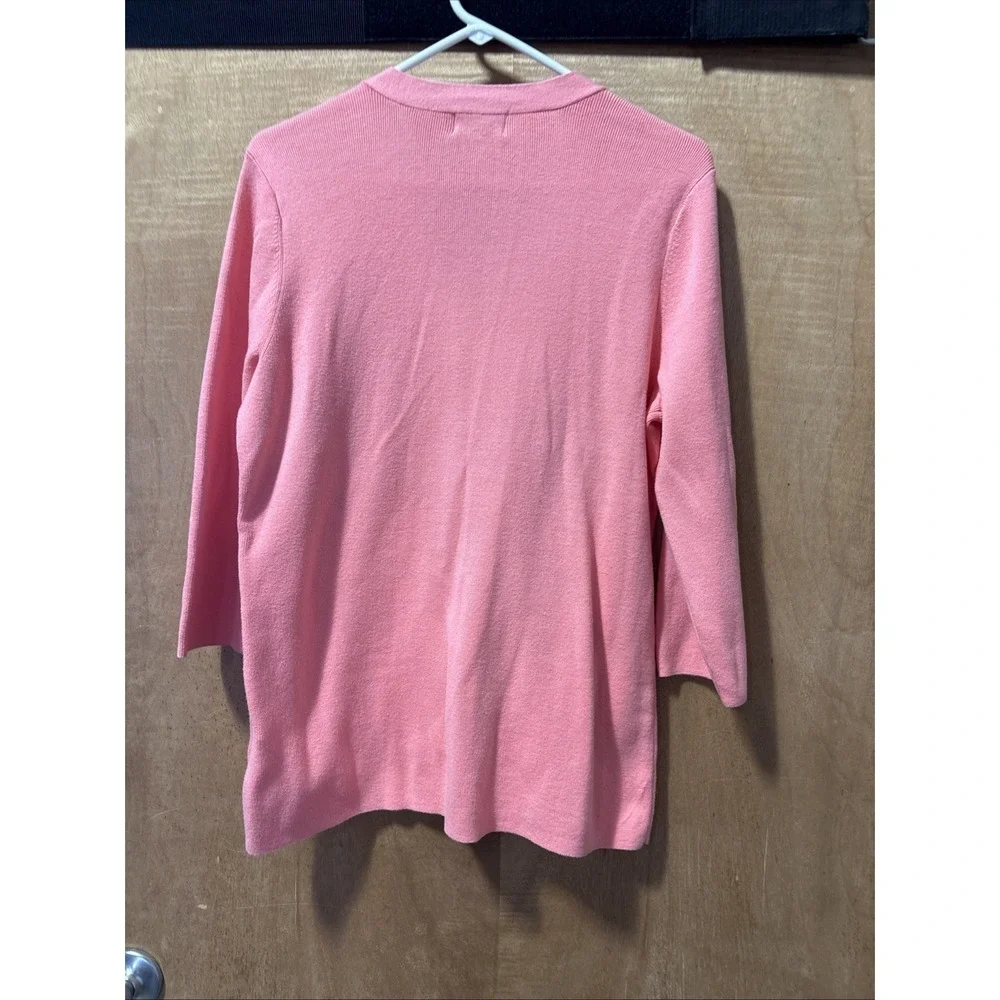 Studio works Button Down Long Pink Cardigan Petite Large 3/4 Sleeve Pearl Button
